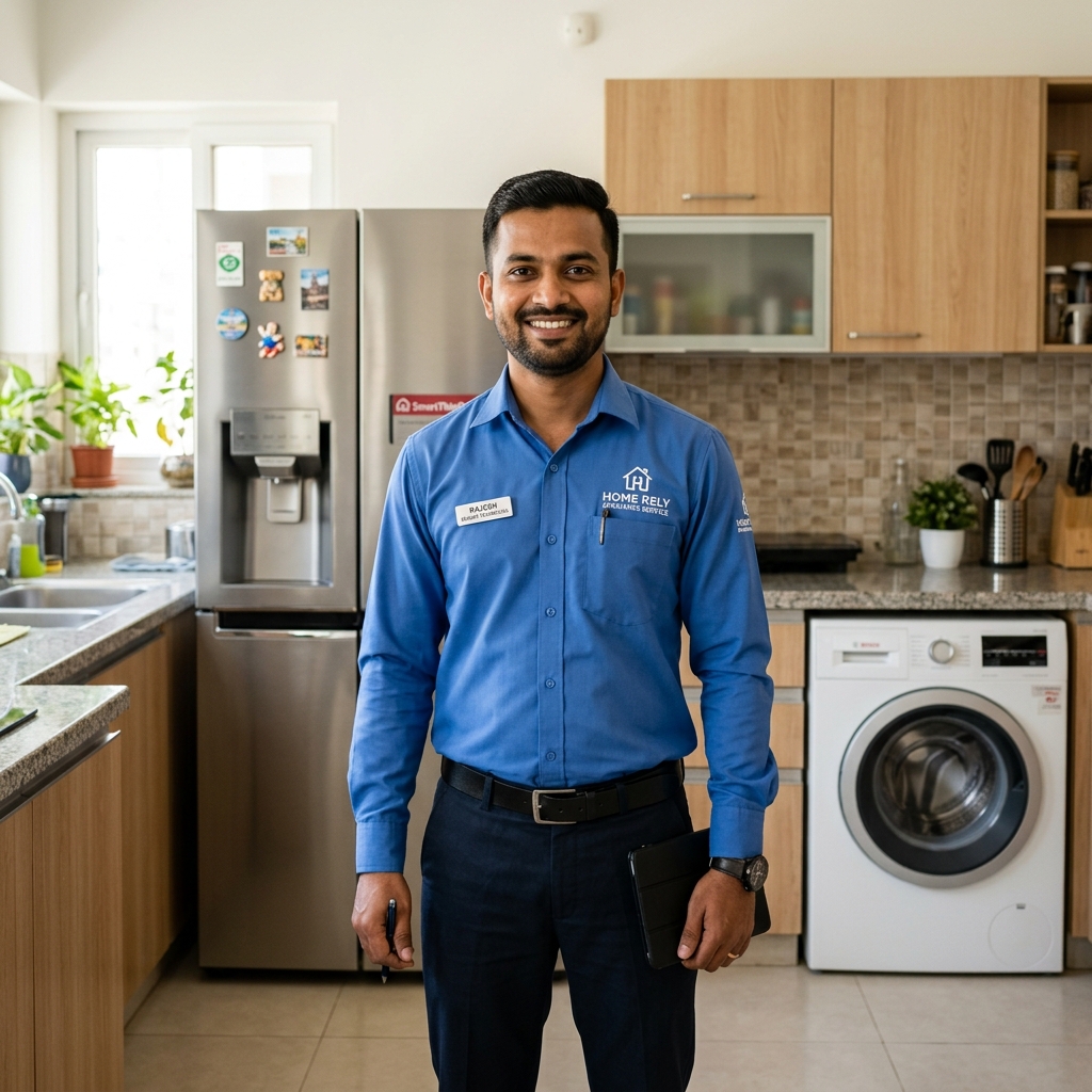Professional service technician in home kitchen